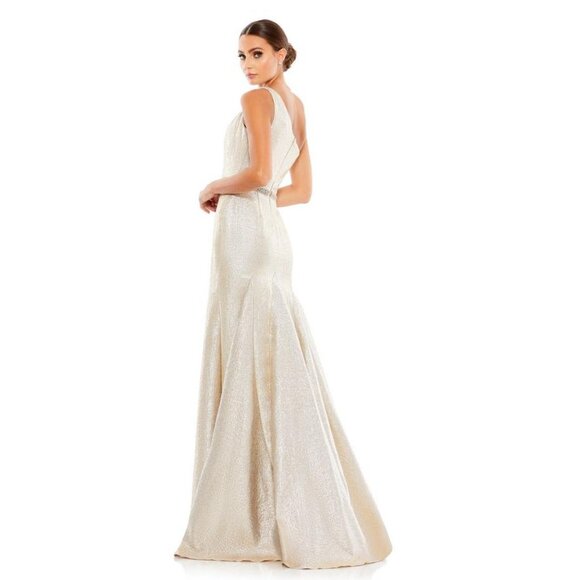 NWT Mac Duggal One Shoulder Metallic Ruffled Evening Gown 8 Oyster #8261 - Picture 4 of 9